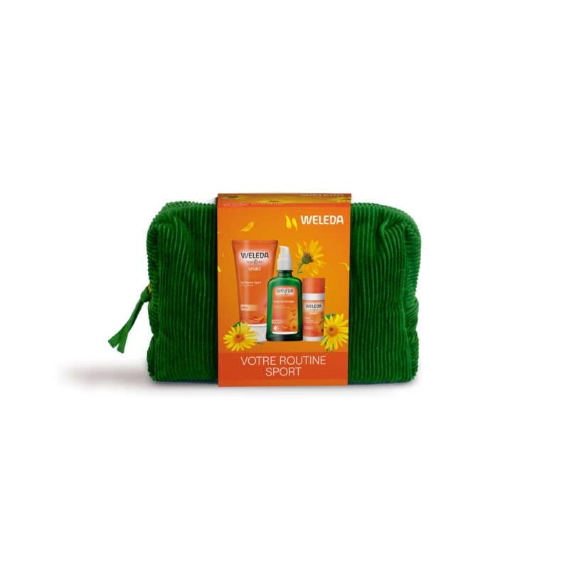 Weleda Trousse Soins Hygiène Sport : Roller à l'Arnica + Huile de Massage à l'Arnica + Gel Douche Sport à l'Arnica - 75+100+200 ml