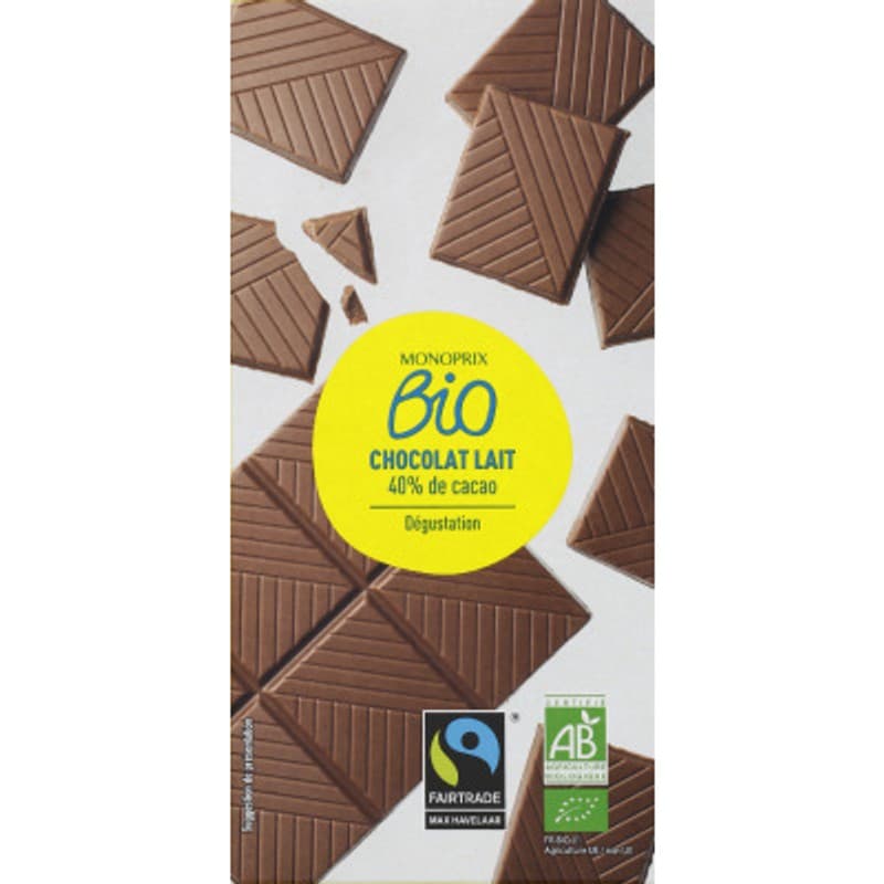 Monoprix Bio Chocolat au lait dégustation 40% de cacao 100g