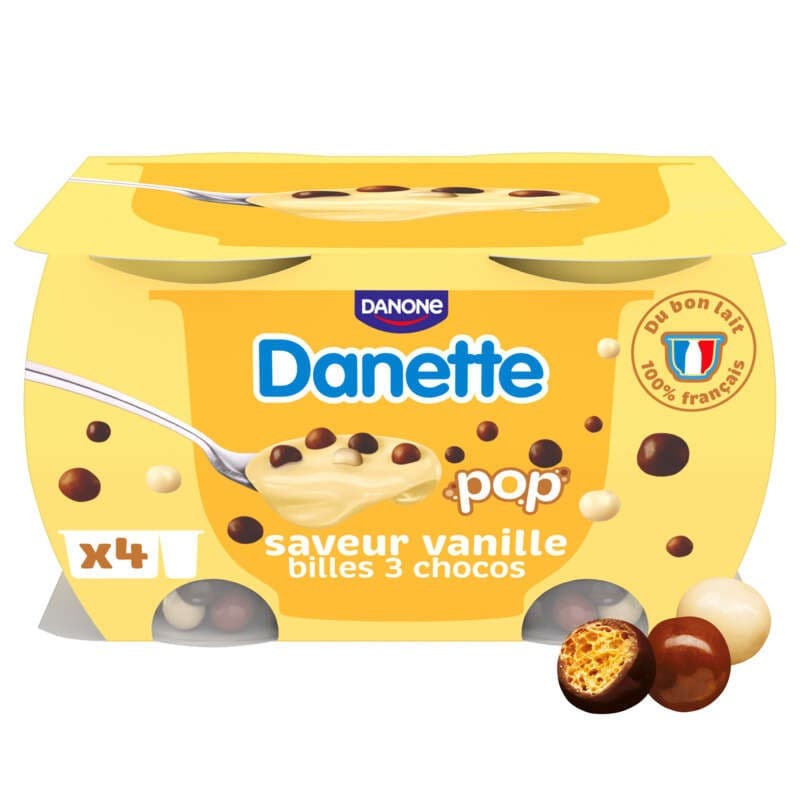 Danette Pop Crème dessert vanille et billes 3 chocolats 4x117g