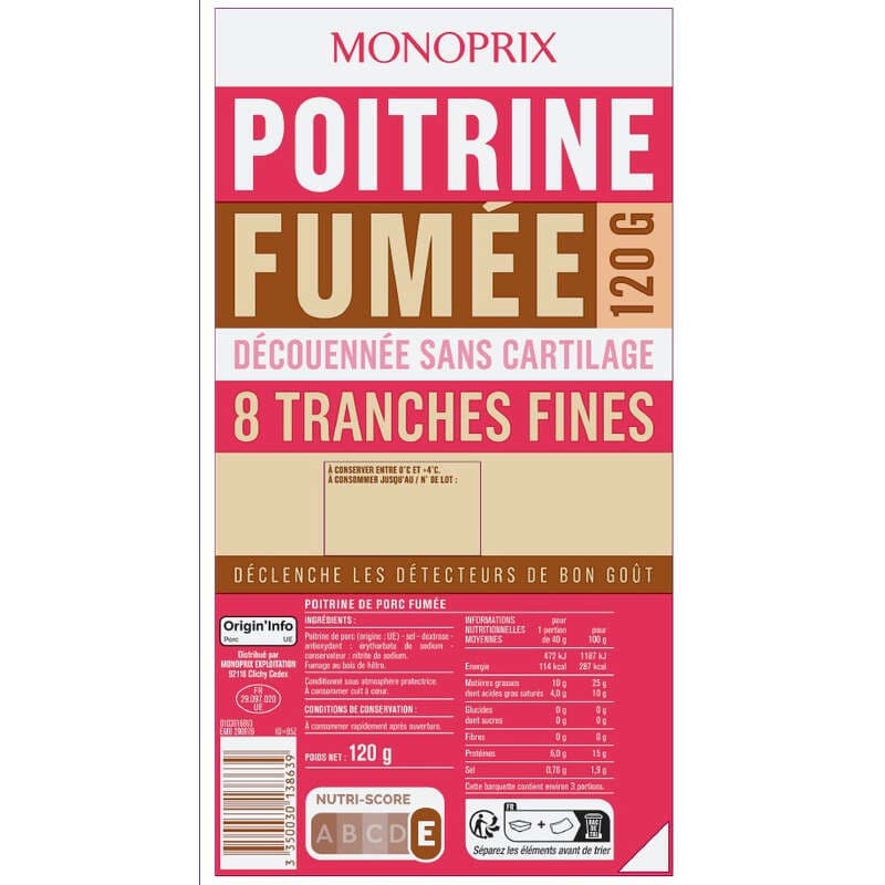 Monoprix Poitrine Fumée Sans Couenne 120g