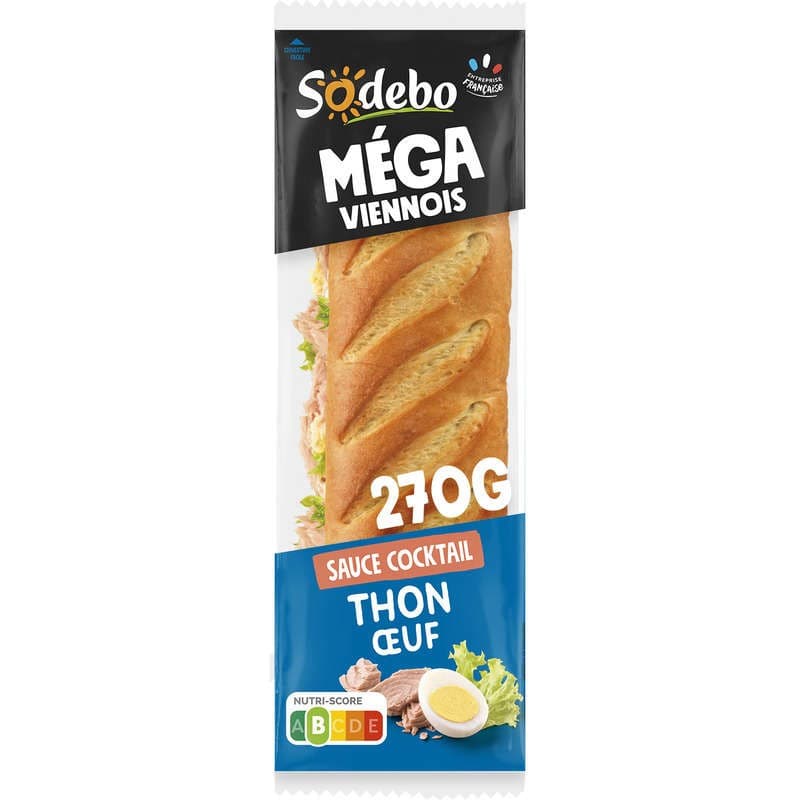 Sodebo Sandwich Méga Baguette Viennois Thon Œufs Sauce Cocktail 270g