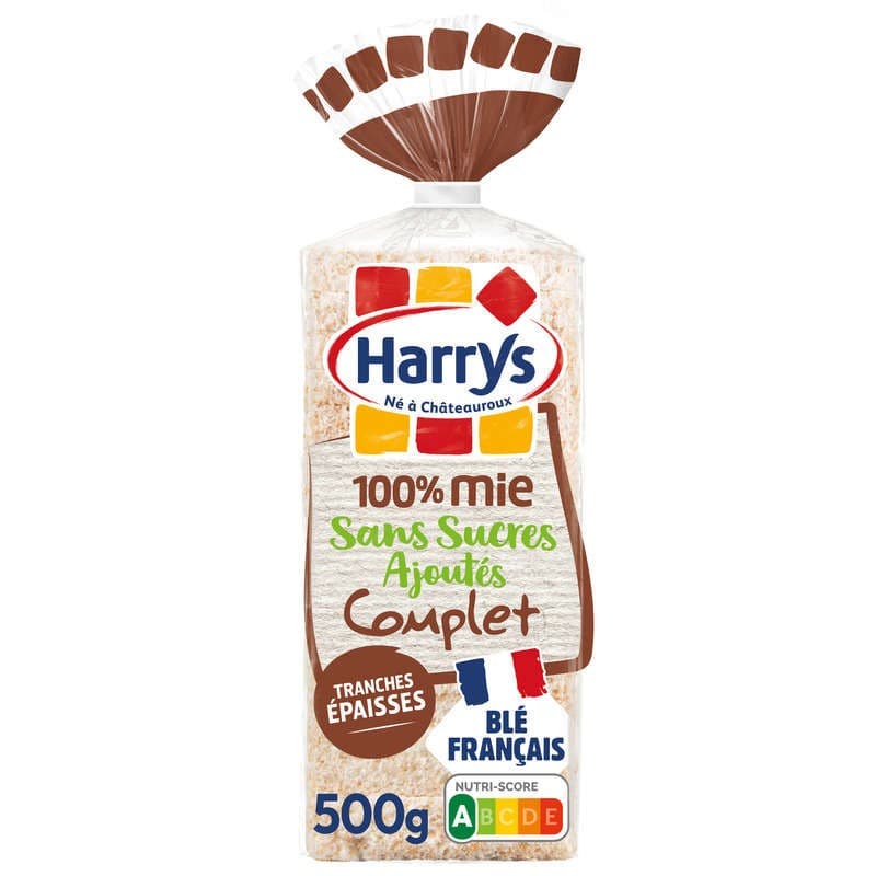 Harrys pain de mie 100% mie complet sans croute sans sucres ajoutes sans additifs 500g