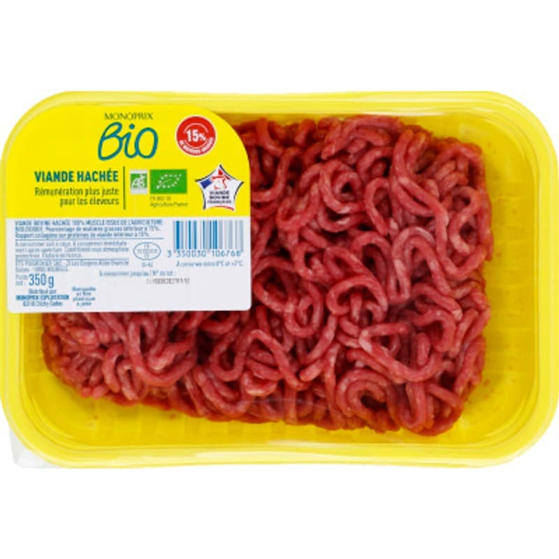 Monoprix Bio Steak haché 15% Barquette de 350g