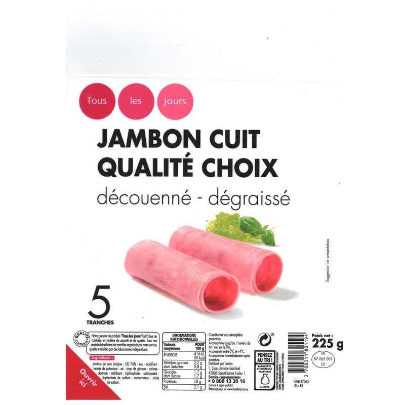 Tous les jours Jambon cuit qualité choix découenné-dégraissé x5 225g