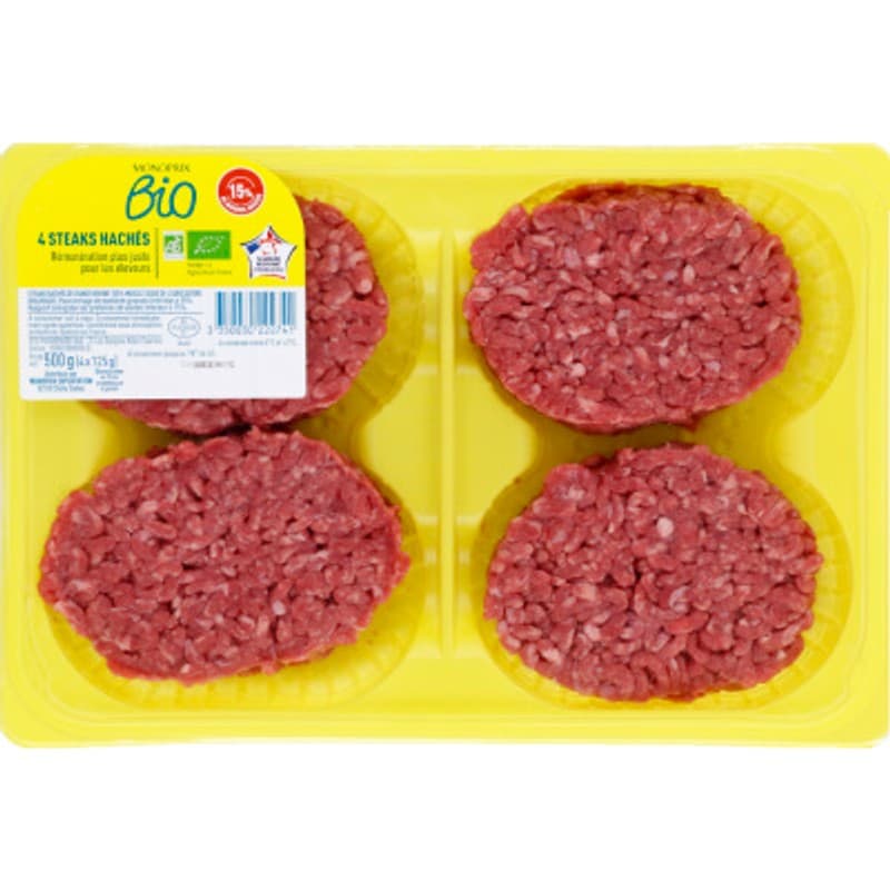 Monoprix Bio Steak haché 15% de Mg 4x125g
