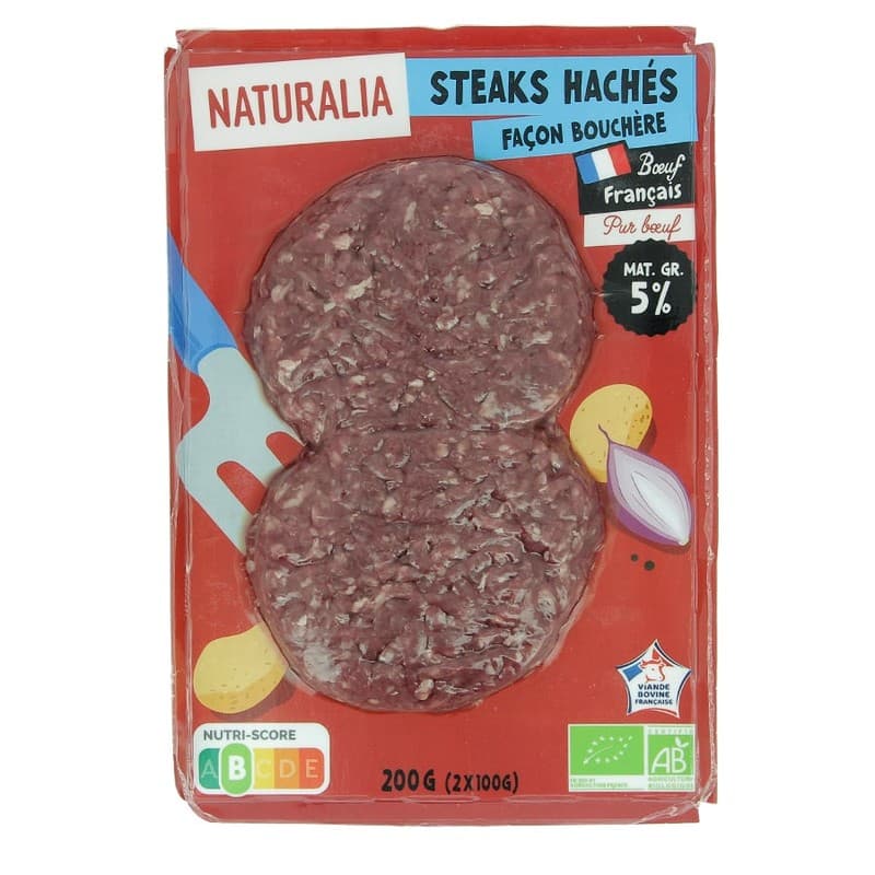 Naturalia Steaks Hachés Pur Bœuf Façon Bouchère 5% de Mg 2x100g