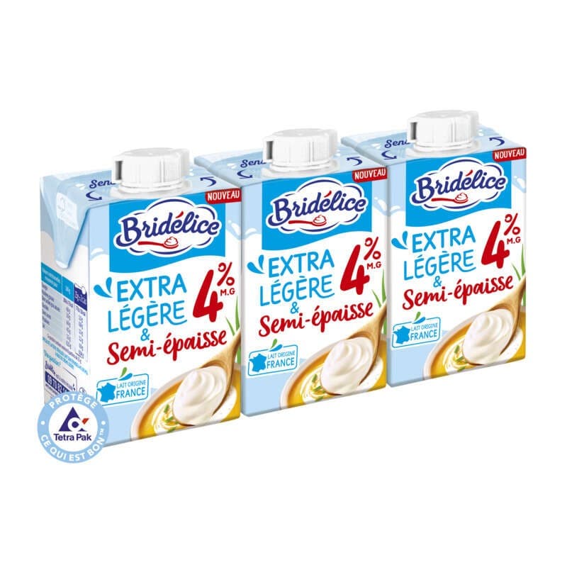 Crème UHT semi-épaisse extra légère Bridélice 4% MG briques 3x20cl