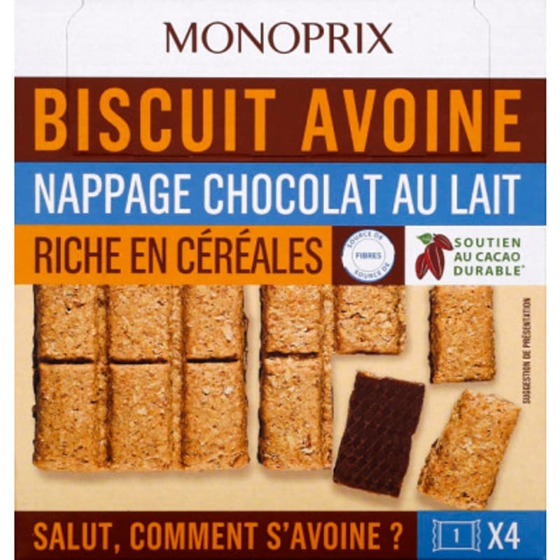 Monoprix Biscuits Avoine Nappage Chocolat Au Lait x4 136g