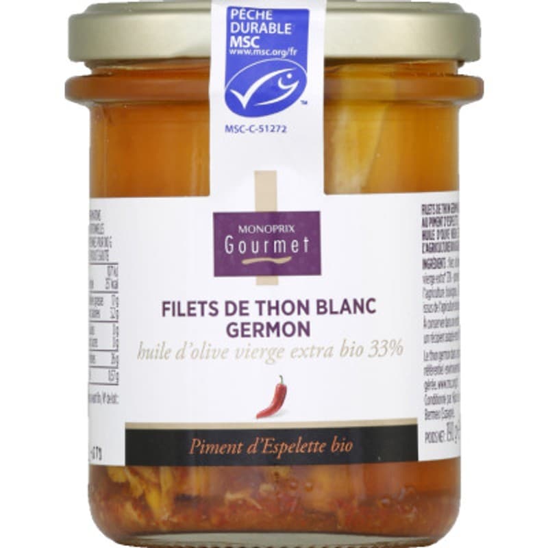 Monoprix Gourmet Filets de Thon Blanc Germon Au Piment D'Espelette 125g