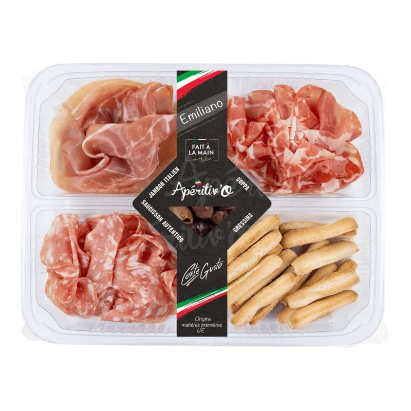 Corte del gusto Apéritiv'O Emiliano (Jambon Cru, Salame Parma, Coppa, Trilli, Olives) 135g