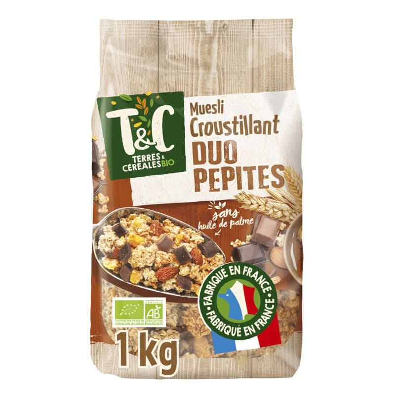 Terres Et Céréales Muesli Croustillant Duo Pépites Chocolat Noir Et Lait, Bio 1kg