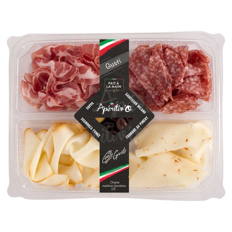 Corte del gusto Apéritiv'o Gusti (Coppa, Milano, Scamorza affumicata, Queso picante, Olives)140g