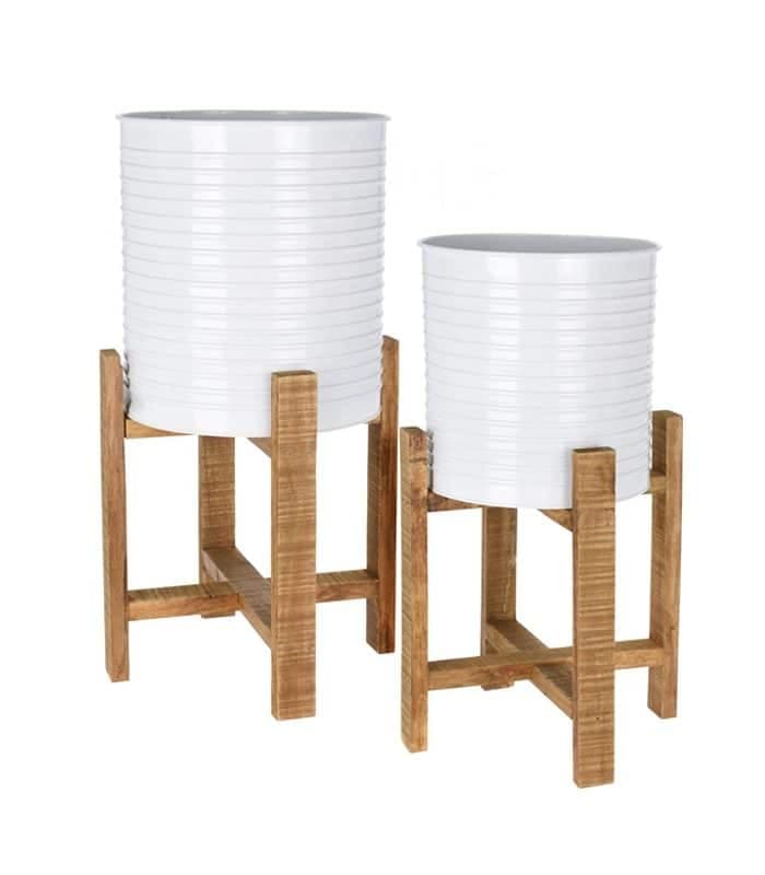 Pot De Fleurs Avec Support En Bois – Set De 2 Pièces