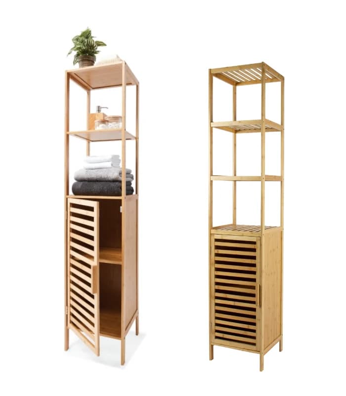 Étagère De 4 Niveaux Avec Porte En Bambou 32 X 30 X 145 Cm