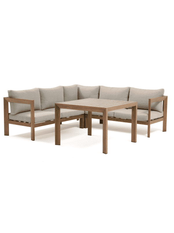 Salon de jardin SANTIAGO en aluminium effet bois coussins gris +Table carrée 97 × 97 × 68 cm
