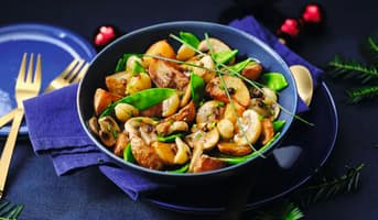 Poêlée PDT champignon, pois gourmand, marron