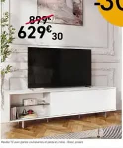 Meuble TV avec portes coulissantes et pieds en métal - Blanc polaire