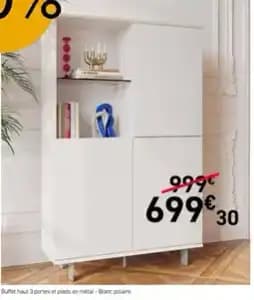 Buffet haut 3 portes et pieds en métal - Blanc polaire