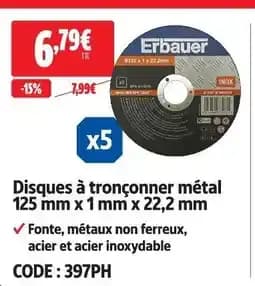 Erbauer disques à tronçonner métal 125 mm x 1 mm x 22,2 mm