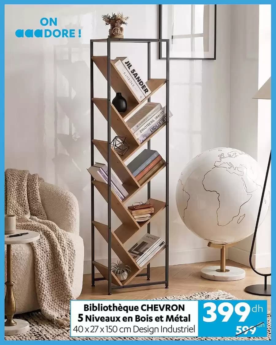 Bibliothèque CHEVRON 5 Niveaux en Bois et Métal Design Industriel 40 x 27 x 150 cm