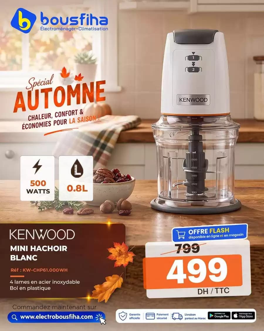 MINI HACHOIR BLANC 4 lames en acier inoxydable Bol en plastique (Réf : KW-CHP61.000WH) 0.8L