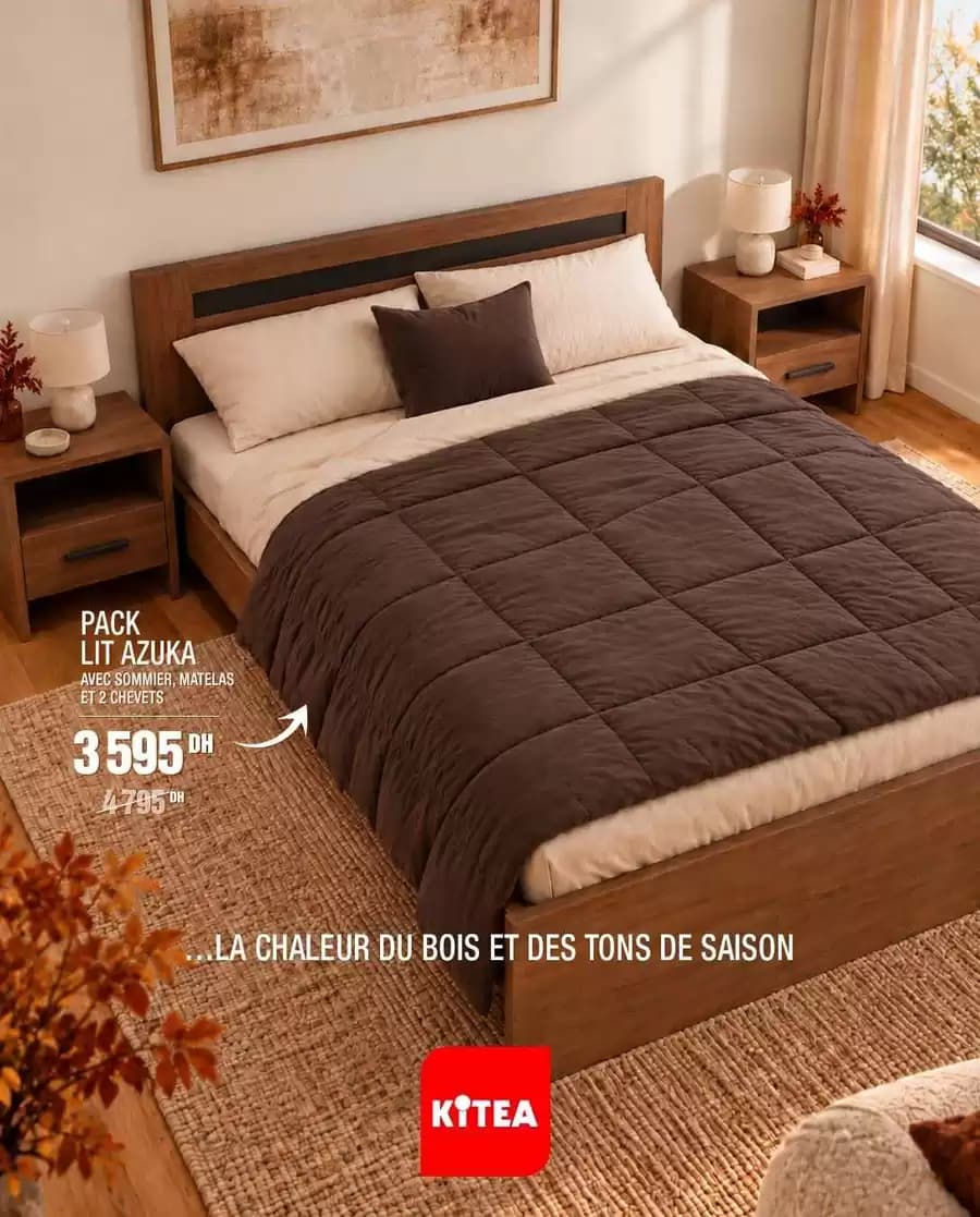 Pack Lit Azuka Avec Sommier, Matelas et 2 Chevets