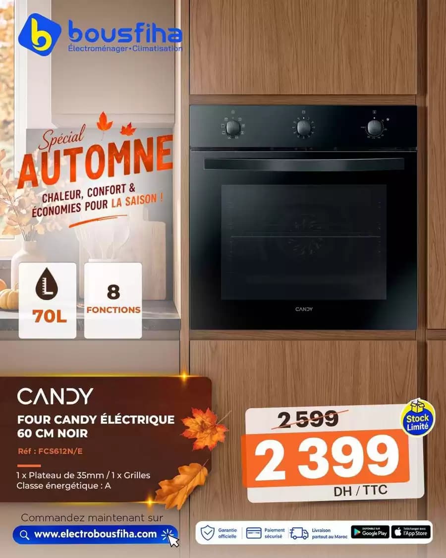 FOUR CANDY ÉLECTRIQUE 60 CM NOIR 70L / 8 FONCTIONS / 60 CM / Classe énerg