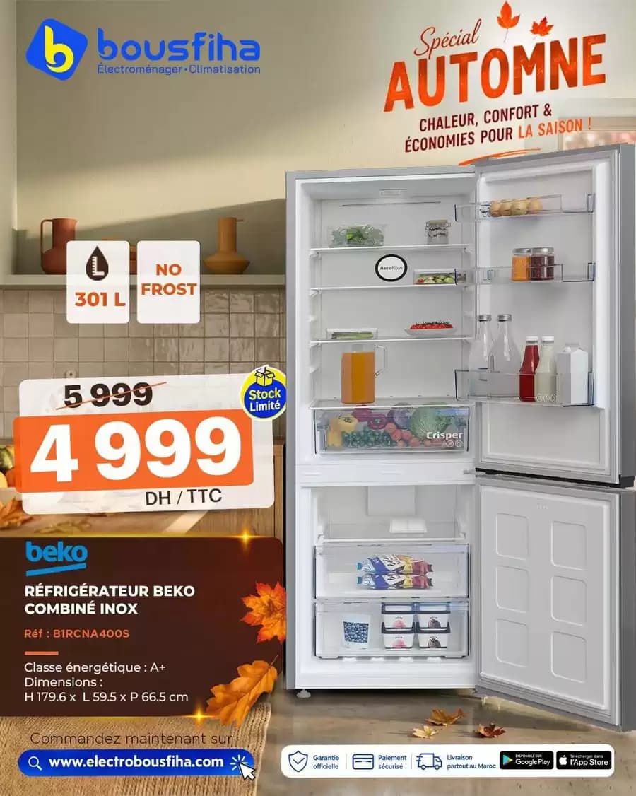 RÉFRIGÉRATEUR BEKO COMBINÉ INOX Classe énergétique : A+ Dimensions : H 179.6 x L 59.5 x P 66.5 cm 301 L