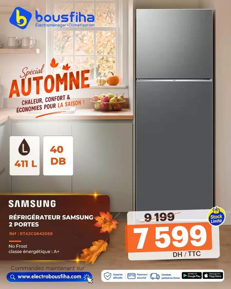 RÉFRIGÉRATEUR SAMSUNG 2 PORTES No Frost classe énergétique : A+ 411 L / 40 DB