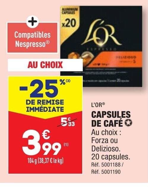CAPSULES DE CAFÉ Au choix : Forza ou Delizioso. 20 capsules.
