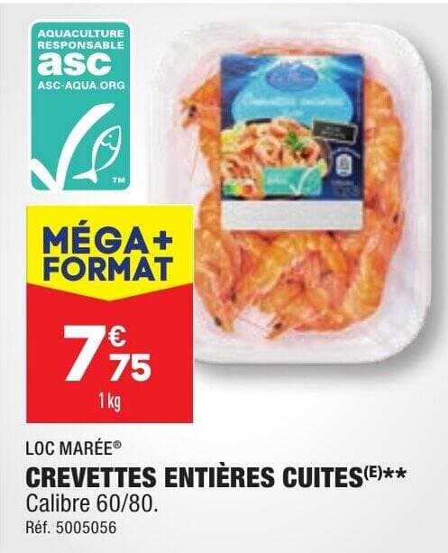 CREVETTES ENTIÈRES CUITES(E)** Calibre 60/80.