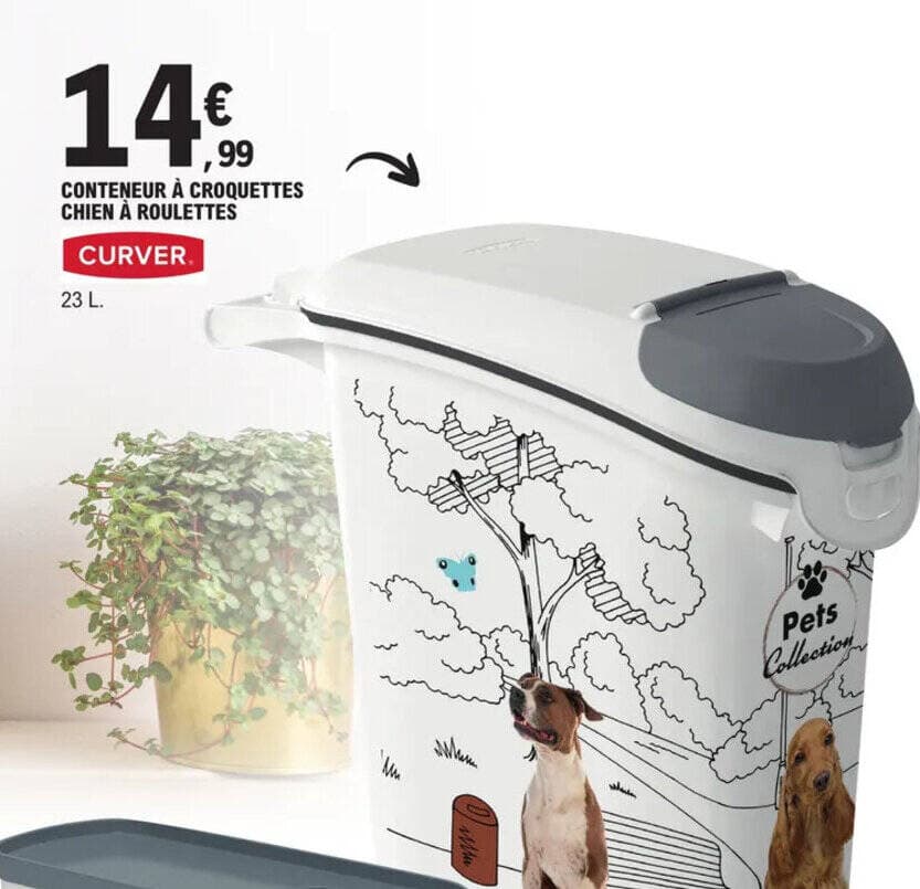 CONTENEUR À CROQUETTES CHIEN À ROULETTES CURVER.