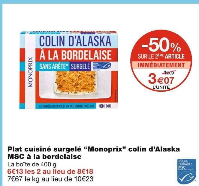 Monoprix Plat cuisiné surgelé colin d’Alaska MSC à la bordelaise