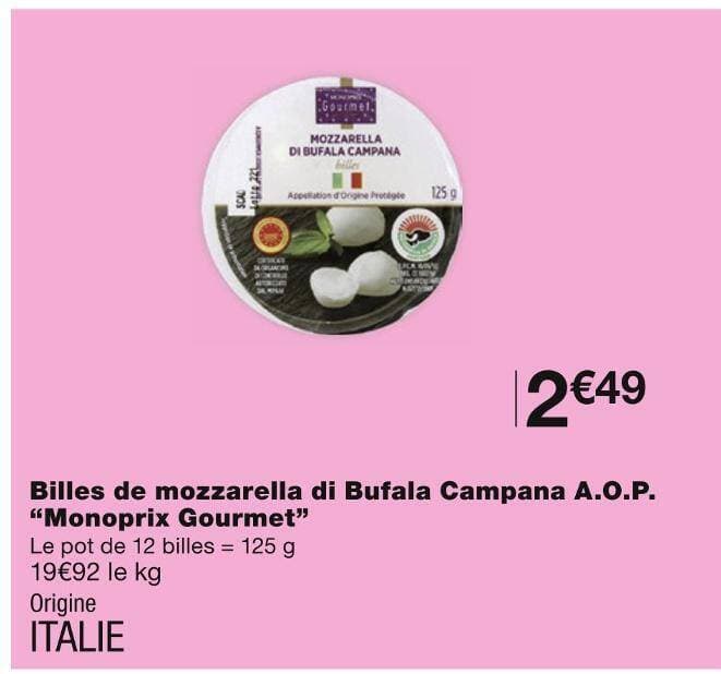 Monoprix Gourmet Billes de mozzarella di Bufala Campana A.O.P
