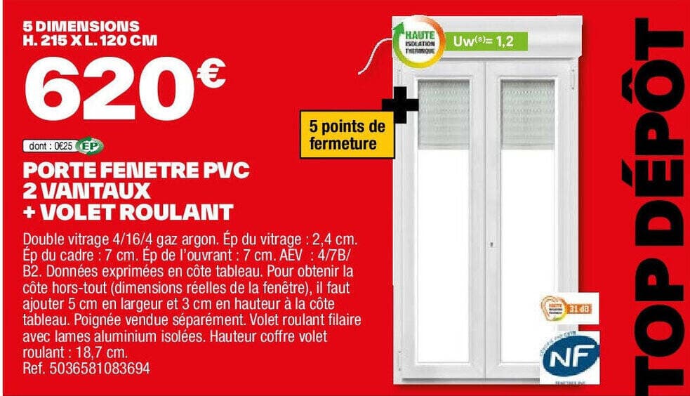 PORTE FENETRE PVC 2 VANTAUX + VOLET ROULANT