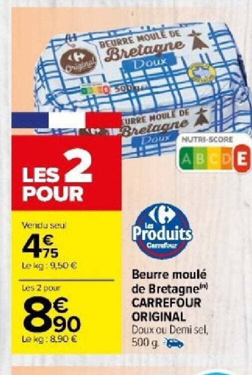 Beurre moulé de Bretagne) CARREFOUR ORIGINAL Doux ou Demi sel,