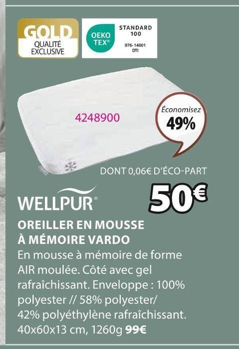 WELLPUR OREILLER EN MOUSSE À MÉMOIRE VARDO