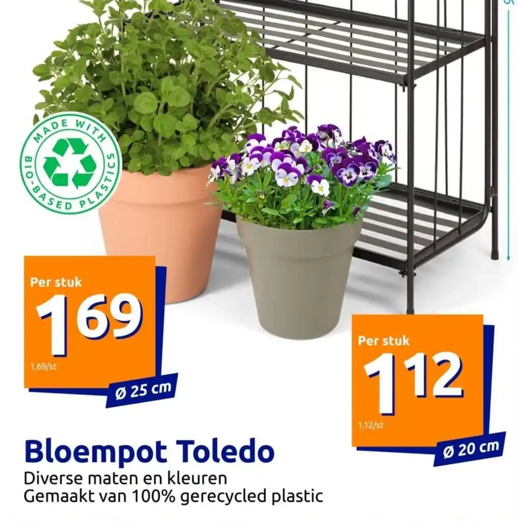 Bloempot Toledo Diverse maten en kleuren Gemaakt van 100% gerecycled plastic