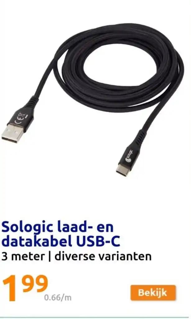 Sologic laad- en datakabel USB-C 3 meter | diverse varianten