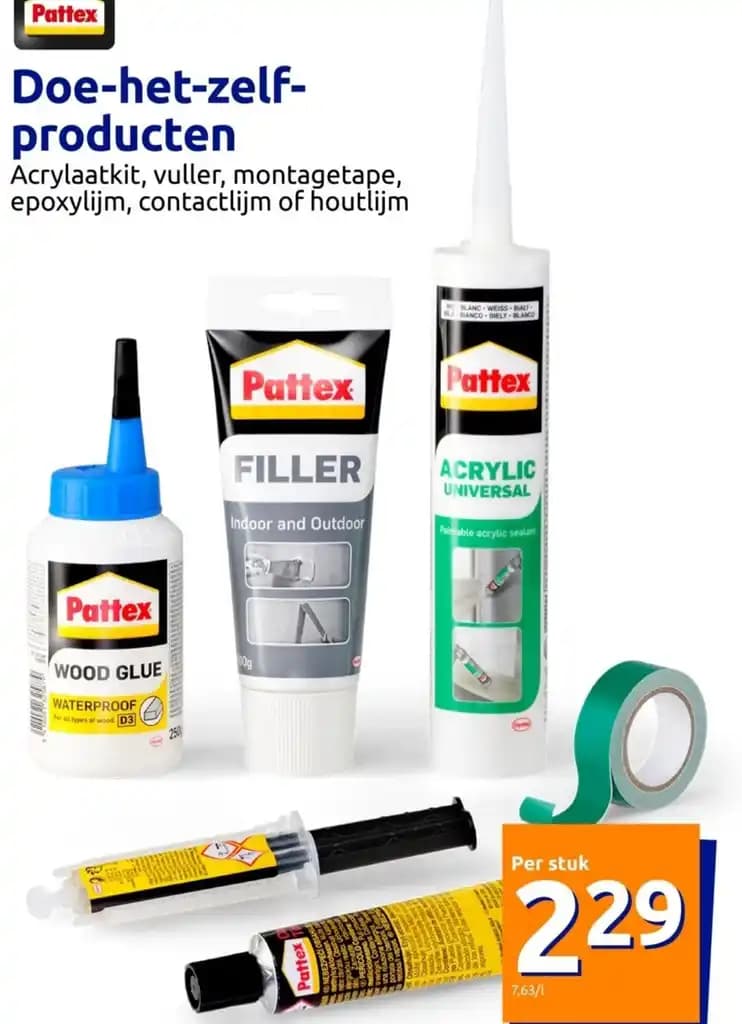 Doe-het-zelf-producten Acrylaatkit, vuller, montagetape, epoxylijm, contactlijm of houtlijm