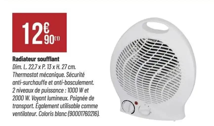 Radiateur soufflant Dim. L. 22,7 x P. 13 x H. 27 cm.