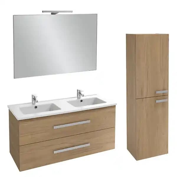 Meuble double vasque JACOB DELAFON Ola Up + colonne de salle de bain + miroir et spots | Chêne Colorado