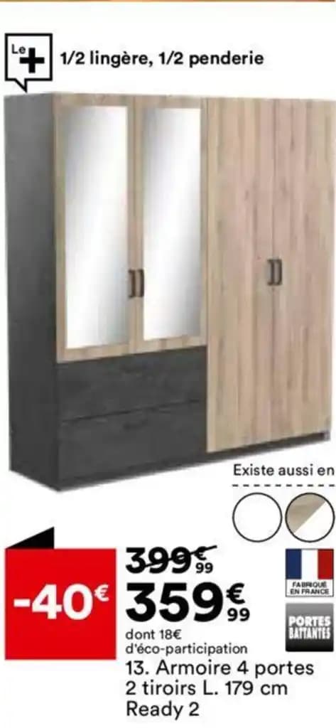 Armoire 4 portes 2 tiroirs L. 179 cm Ready 2