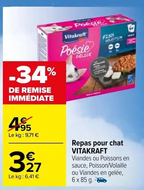 Repas pour chat VITAKRAFT Viandes ou Poissons en sauce, Poisson/Volaille ou Viandes en gelée, 6 x 85 g.