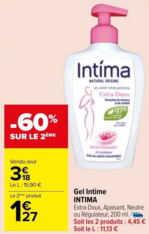 Gel Intime INTIMA Extra-Doux, Apaisant, Neutre ou Régulateur, 200 ml.