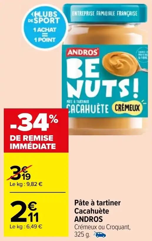 Pâte à tartiner Cacahuète ANDROS Crémeux ou Croquant, 325 g.