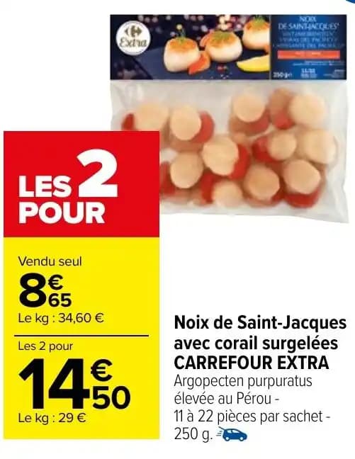 Noix de Saint-Jacques avec corail surgelées CARREFOUR EXTRA Argopecten purpuratus élevée au Pérou -
