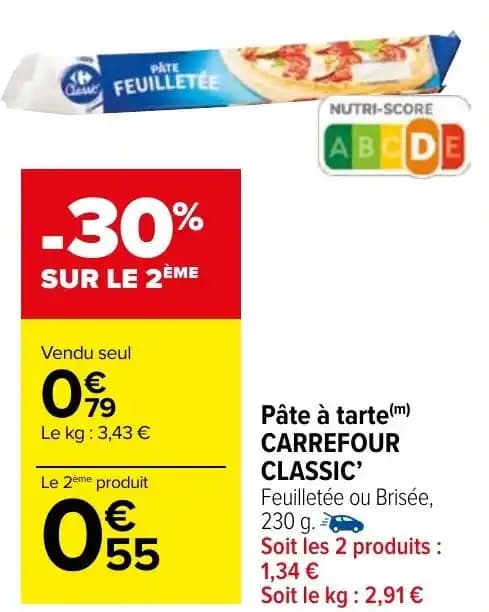Pâte à tarte(m) CARREFOUR CLASSIC' Feuilletée ou Brisée, 230 g.