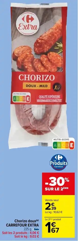 Chorizo doux (P) CARREFOUR EXTRA 225 g.