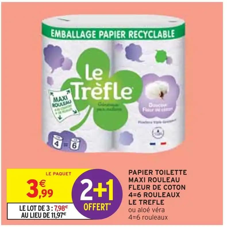 LE TREFLE PAPIER TOILETTE MAXI ROULEAU FLEUR DE COTON 4=6 ROULEAUX